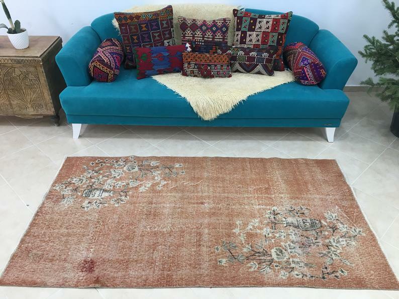 Vintage Floral Oushak Turkish Bohemian Area Rug Handmade 3.5 x 6.6ft, 107x201cm gallery