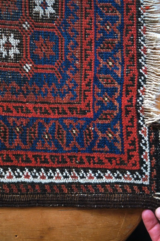 46" x 26" Afghan Balouch Hand-Knotted Tribal Rug ~ Red, Dark Blue, White, Brown gallery