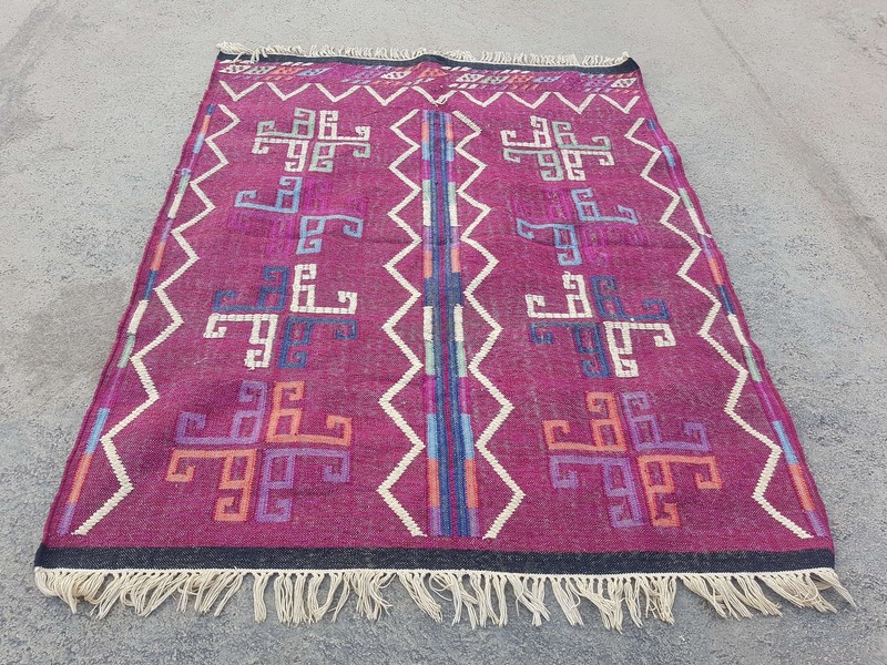 Vintage Handmade Traditional Geometric Pink Kilim Floor Rug Carpet 200x161cm gallery