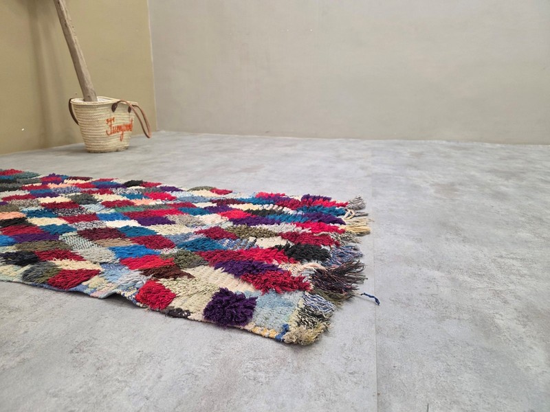 Moroccan Handmade Vintage Runner 2'6"x4'7" Berber Sky blue & Burgundy Cotton Rug gallery