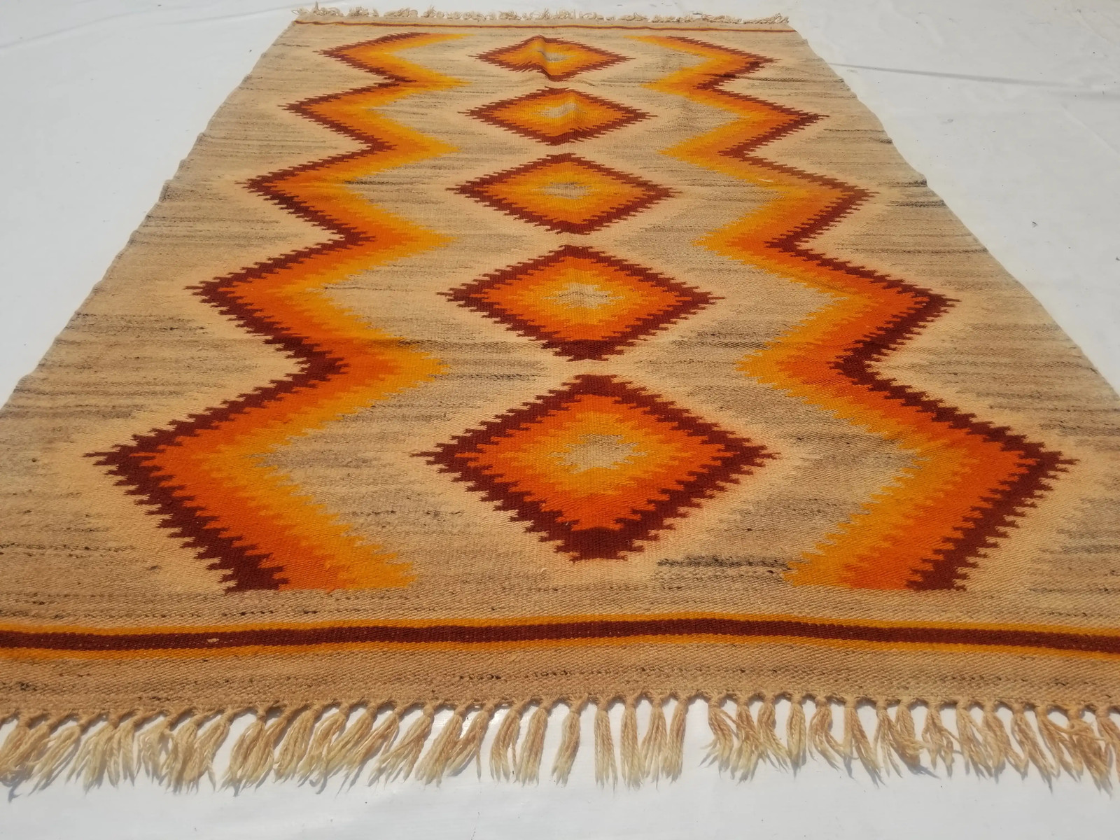 Distressed Vintage Traditional Handmade Turkish Wool Mustard Kilim 7.4x4.9ft gallery