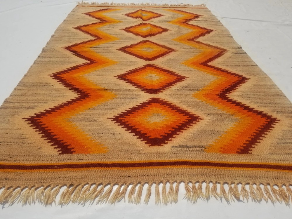 Distressed Vintage Traditional Handmade Turkish Wool Mustard Kilim 7.4x4.9ft