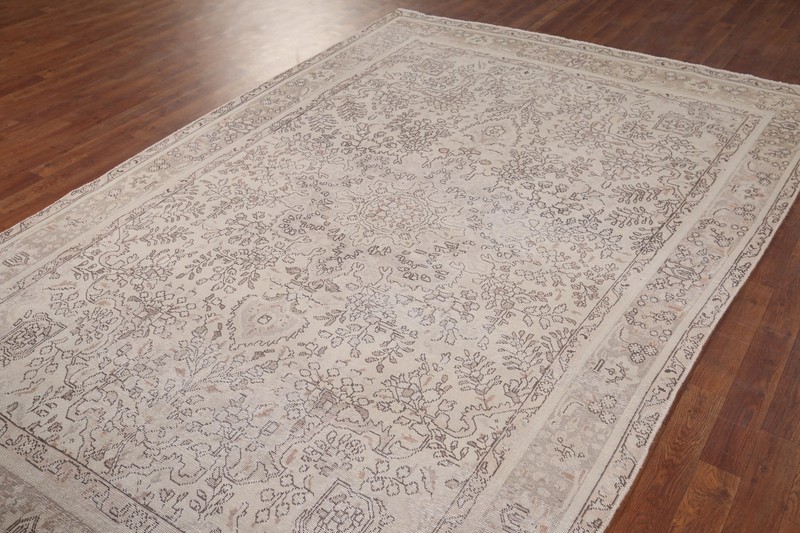 Muted Distressed Geometric Tebriz Vintage Area Rug 7x10 Handmade Living Room Rug gallery
