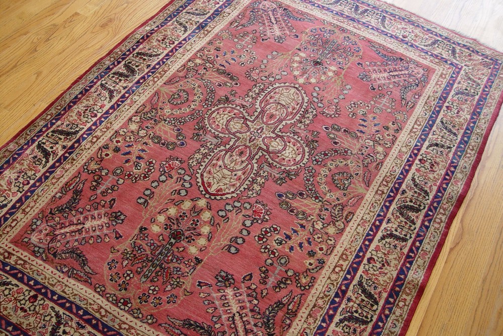 Antique 1880s Kermann Hand Knotted Wool 4'3" x 6'5" Pink Rose Oriental Rug
