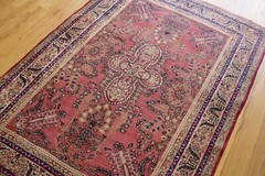 Antique 1880s Kermann Hand Knotted Wool 4’3″ x 6’5″ Pink Rose Oriental Rug