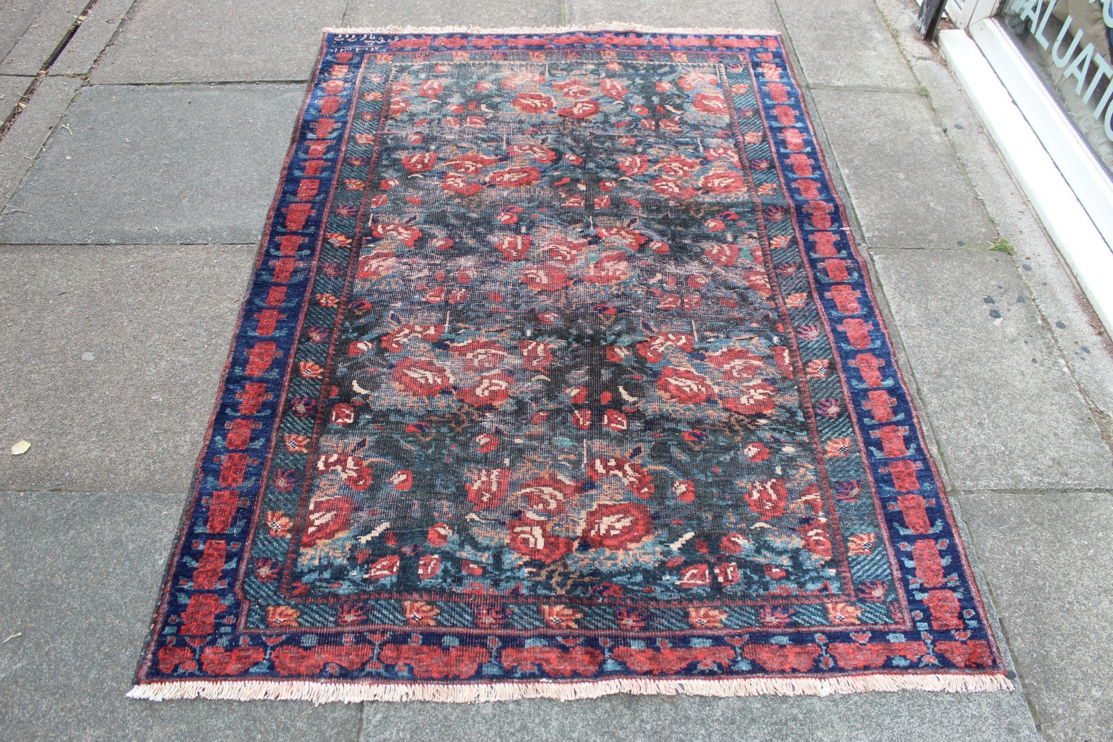 Antique Worn Hand Made Traditional Oriental Wool Blue Red Rug 173x120cm gallery
