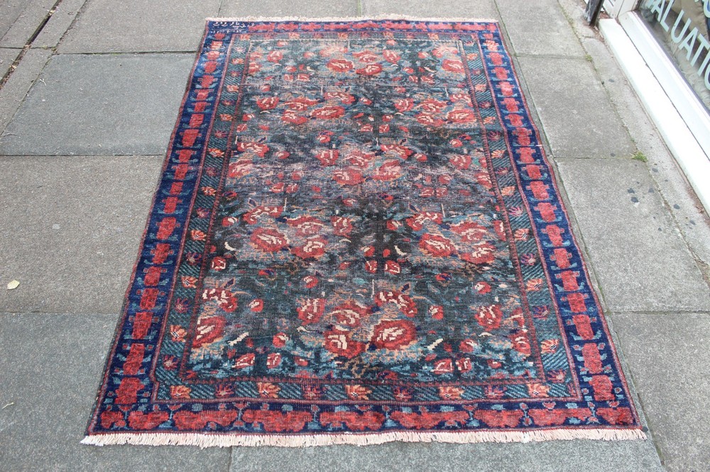 Antique Worn Hand Made Traditional Oriental Wool Blue Red Rug 173x120cm
