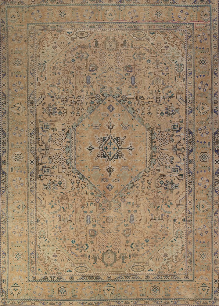 Traditional Vintage Muted Handmade Wool Geometric Tebriz Area Rug 8x11