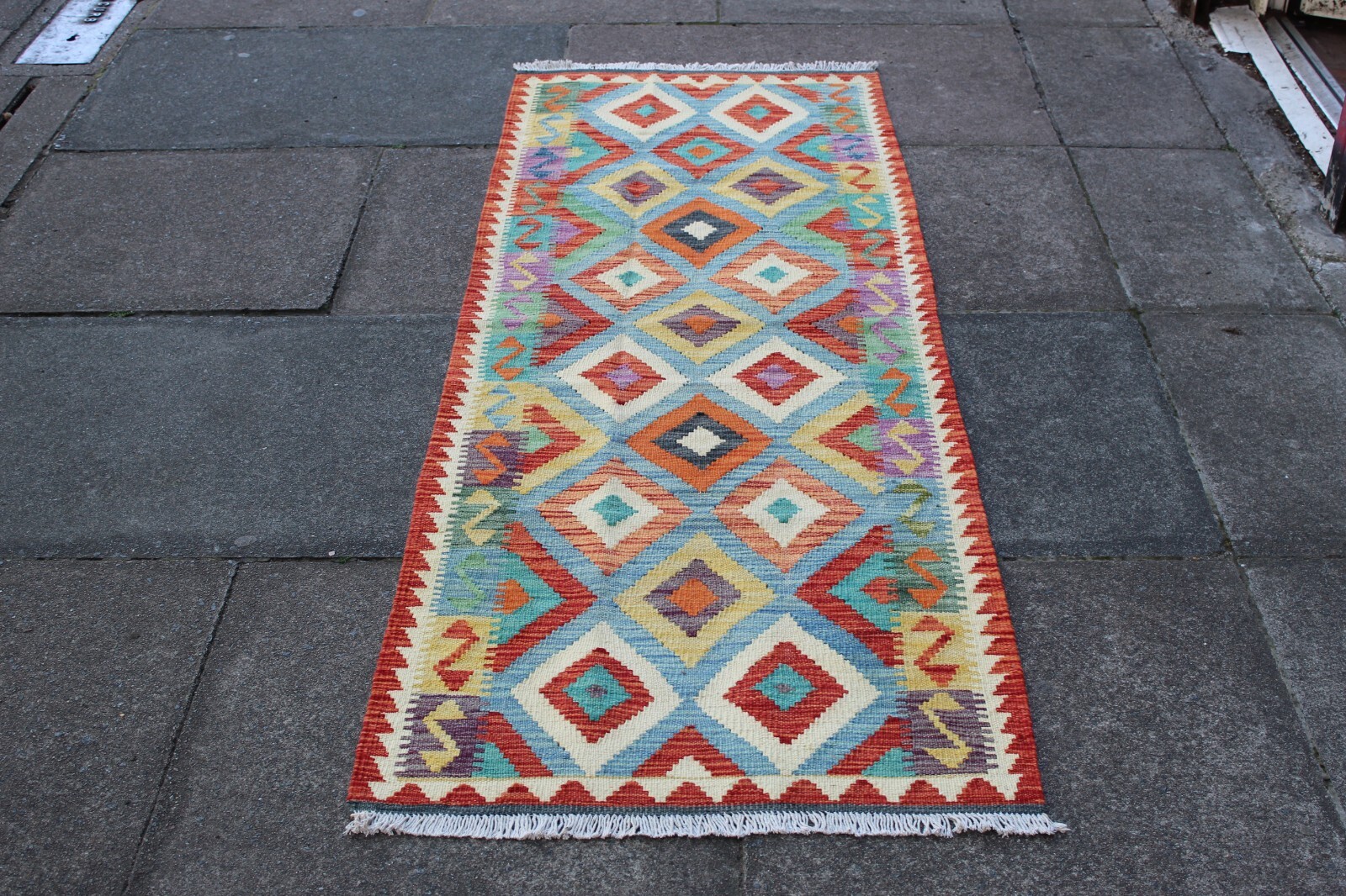 Kilim Vintage Traditional Hand Made Oriental Red Blue Wool Kilim Runner 198x71cm gallery
