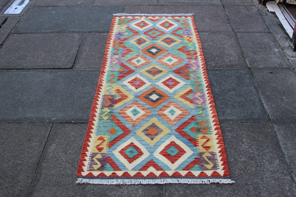 Kilim Vintage Traditional Hand Made Oriental Red Blue Wool Kilim Runner 198x71cm