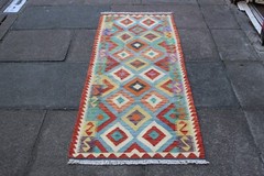Kilim Vintage Traditional Hand Made Oriental Red Blue Wool Kilim Runner 198x71cm