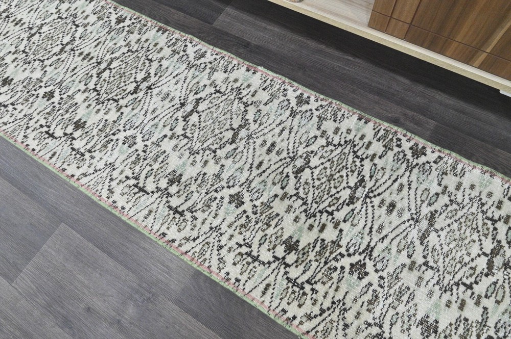 Vintage Turkish Runner Rug 2x7ft BEIGE Handmade Anatolian Oushak Hallway Wool