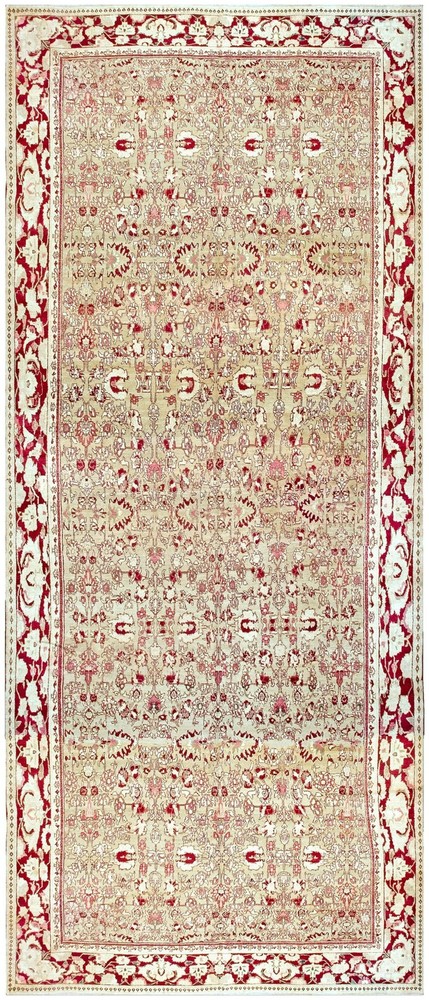 Antique Indian Agra Carpet 11'×29' Celadon & Burgundy, Geometric, Circa 1890