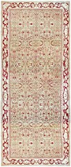 Antique Indian Agra Carpet 11’×29′ Celadon & Burgundy, Geometric, Circa 1890