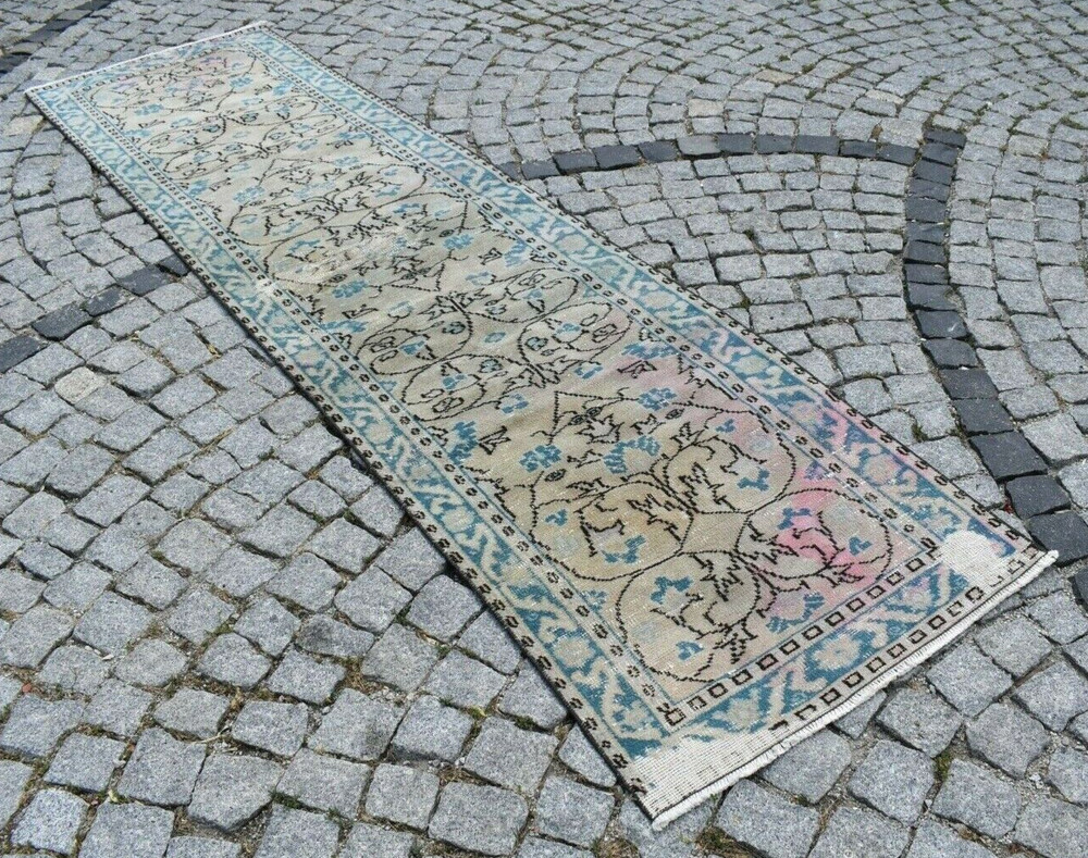 Vintage Turkish Rug 2'8 x 10'6 ft Muted Dye Oushak Corridor Hallway Area Rug