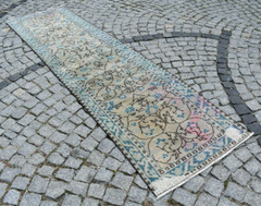 Vintage Turkish Rug 2’8 x 10’6 ft Muted Dye Oushak Corridor Hallway Area Rug