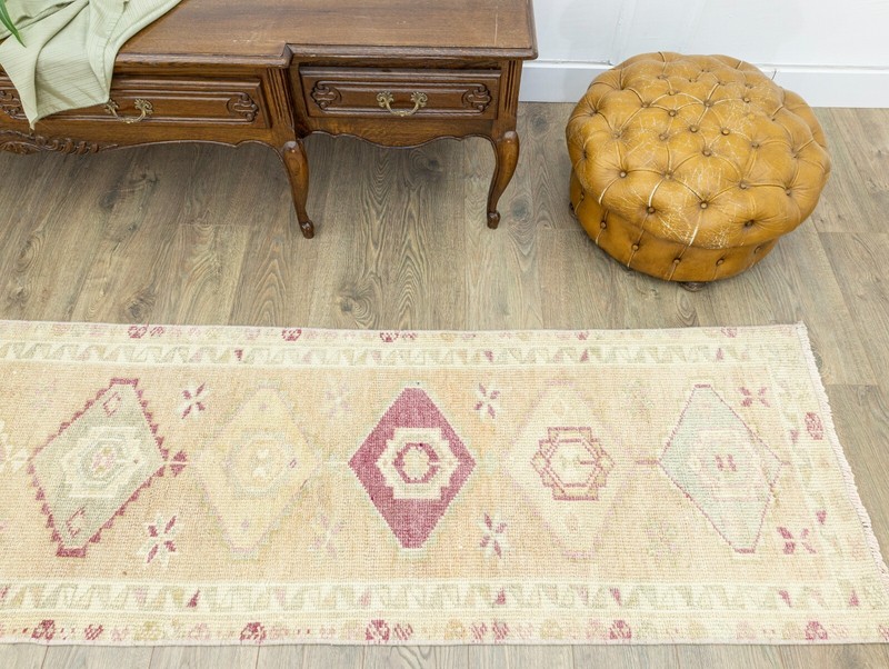 Turkish Oushak Mocha Pink Blue Wool Runner 2.3x12.4 ft Hand Woven Vintage Carpet gallery
