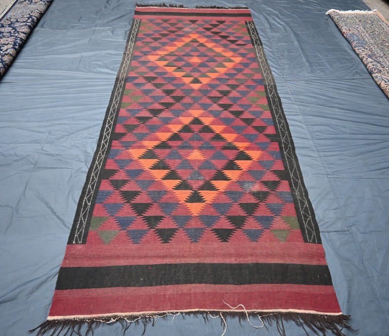 1940s Antique Afghan Geometric Kilim Rug 4x12 ft Handwoven Faded Wide Runner Rug gallery