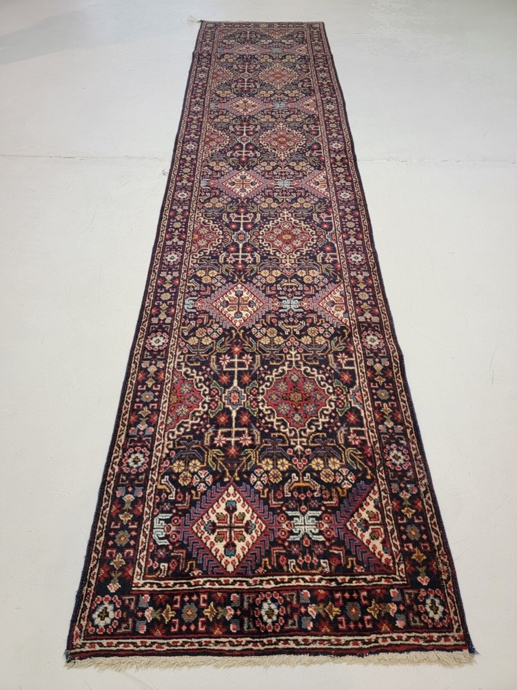 Antique Oriental Hand-Knotted Wool Runner Navy Blue/Red/Ivory/Green 2'10" x 12'8