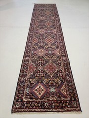 Antique Oriental Hand-Knotted Wool Runner Navy Blue/Red/Ivory/Green 2’10” x 12’8