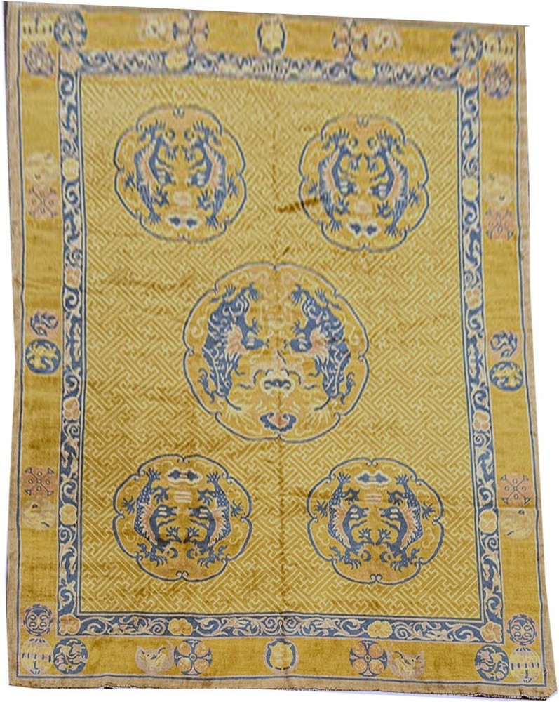 Antique 9' x 12' Gold Ningxia style Chinese Dragon Pattern Rug