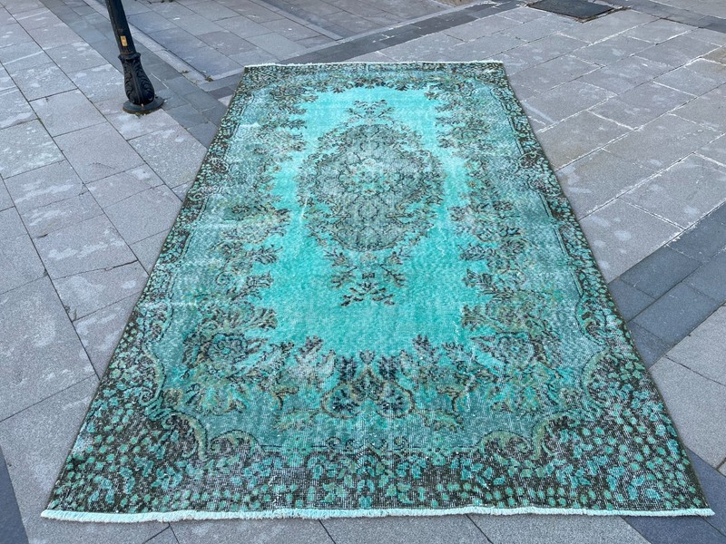 Vintage Turkish Oushak Overdyed Rug 5.5x9.8 ft Turquoise Teal Distressed gallery