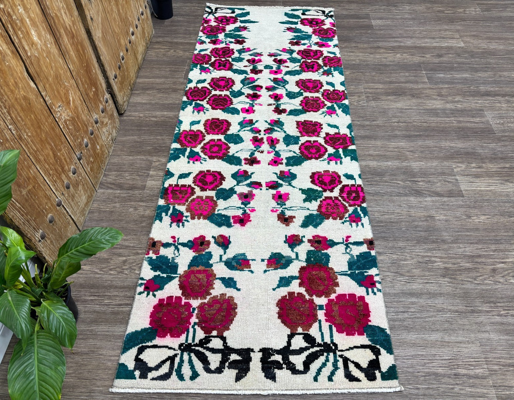 3x8 Floral Vintage Turkish Runner, Hand-Knotterd White Red Green Antique Oushak