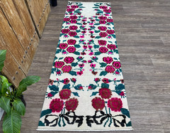 3×8 Floral Vintage Turkish Runner, Hand-Knotterd White Red Green Antique Oushak