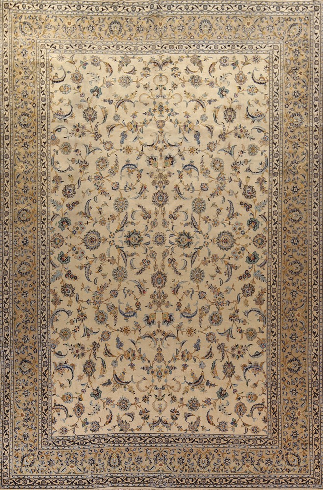 Vintage Ivory Wool Handmade Floral Kashaan Palace size Rug 11x16 Living Room Rug