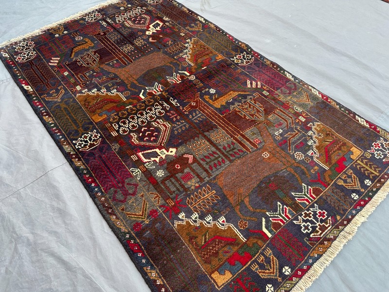 4x7 Vintage Baluchi Pictorial Animal Hunting Rug – Hand-Knotted, Tribal Rug gallery
