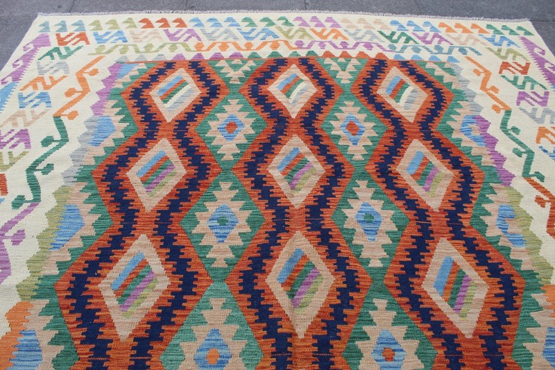 Kilim Vintage Traditional Hand Made Oriental White Wool Large Kilim 343x253cm gallery