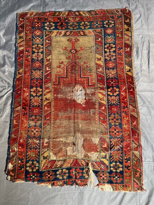 Antique Turkish Prayer Rug Distressed Low Pile Anatolian Seccade Vintage 3x4.3FT gallery
