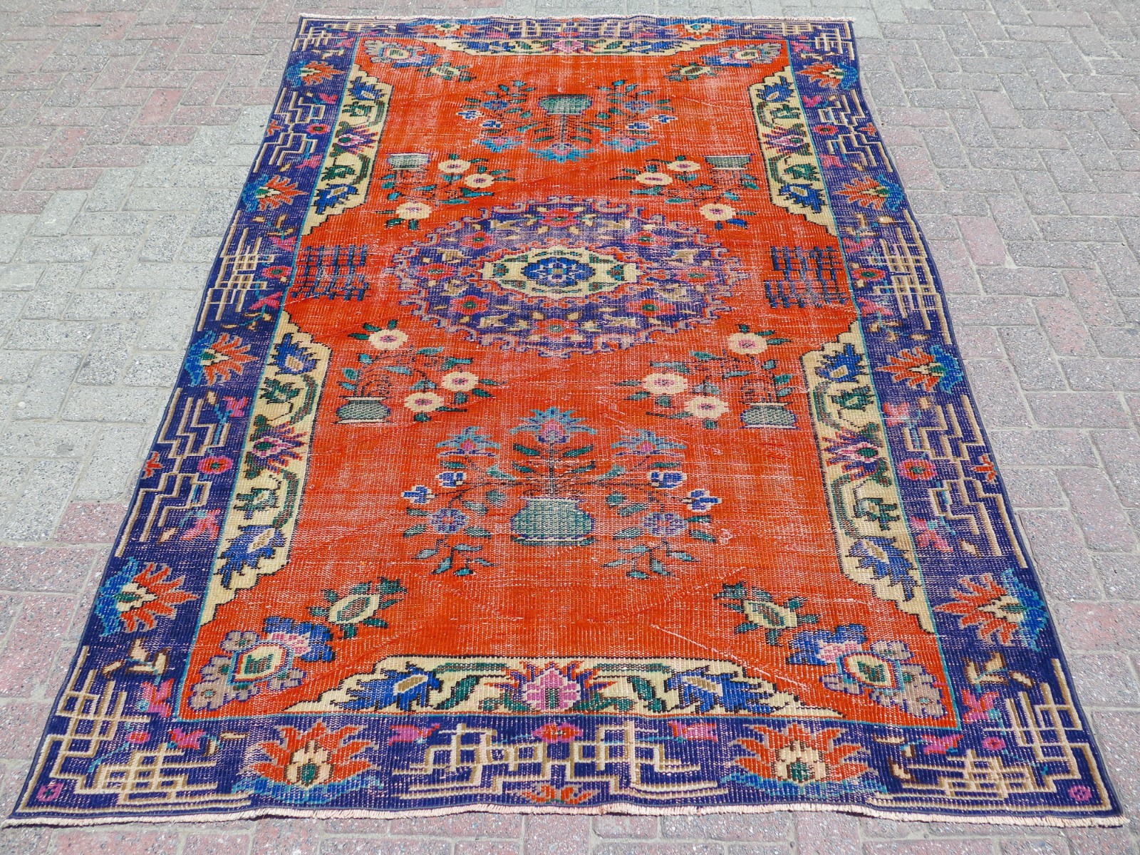 Paprika Medallion Turkish Vintage Rug, Large Distressed Handwoven Carpet 67"x98" gallery