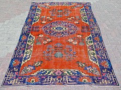 Paprika Medallion Turkish Vintage Rug, Large Distressed Handwoven Carpet 67″x98″