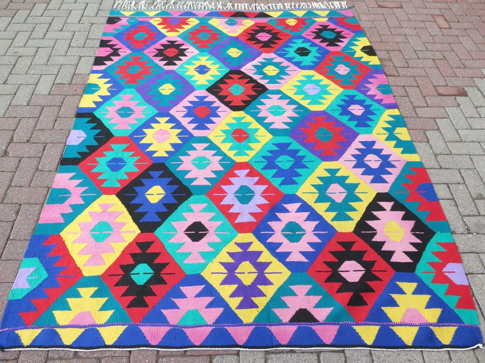 Multicolor Area Rugs, Handmade Turkish Kilim, Large Floor Carpet Teppich 75"x98"