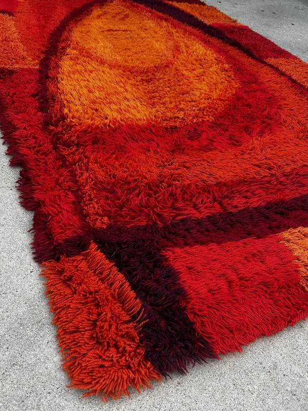 Vintage 60's/70's Danish Ege Rya 9' x 6' Shag Pile Area Rug Warm Reds & Orange gallery