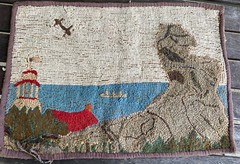 Grenfell c1930’s Hand Made Mat Rug Scene Lighthouse, Steam Ship, House, Cliffs