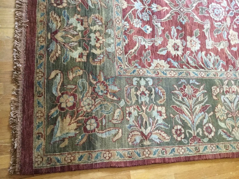 100% Wool Antique Rug, Handmade in India, 9'x12', with fringing on edge. gallery