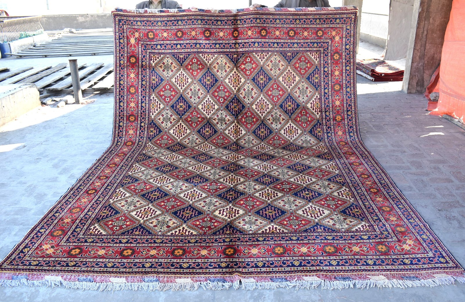 9x12 ft Vintage Afghan Turkmen Oriental Rug Beige Blue Red Hand Knotted Area Rug gallery