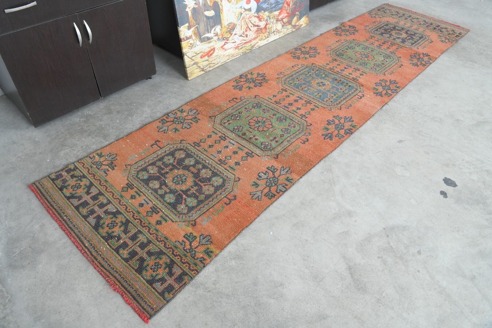 Oushak Runner Rugs Turkish Runner Hand-Knotted Carpet Vintage Rug 3 x 11 ft 283