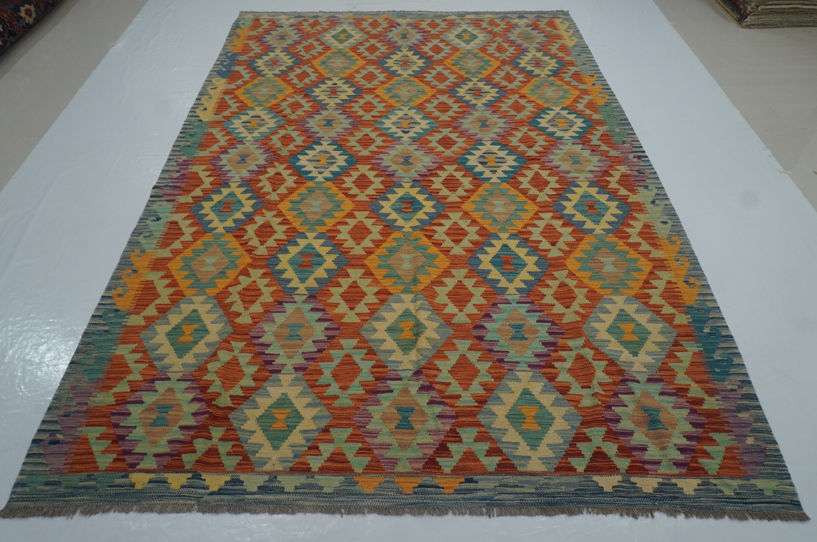 7x10 ft Orange Afghan Hand Woven Wool Reversible Kilim Rug 6'9"x9'6" gallery