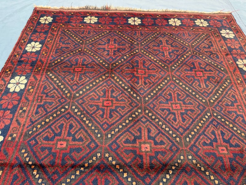 Red Blue Afghan Hand Knotted Wool Rug 4'10x7'4 Vintage Geometric Floral Area Rug gallery