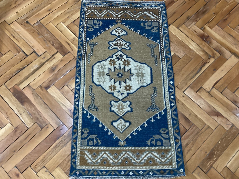 Vintage Anatolian Wool Rug 1.8 x 3.5 ft Brown Blue Turkish Handwoven Carpet