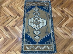 Vintage Anatolian Wool Rug 1.8 x 3.5 ft Brown Blue Turkish Handwoven Carpet