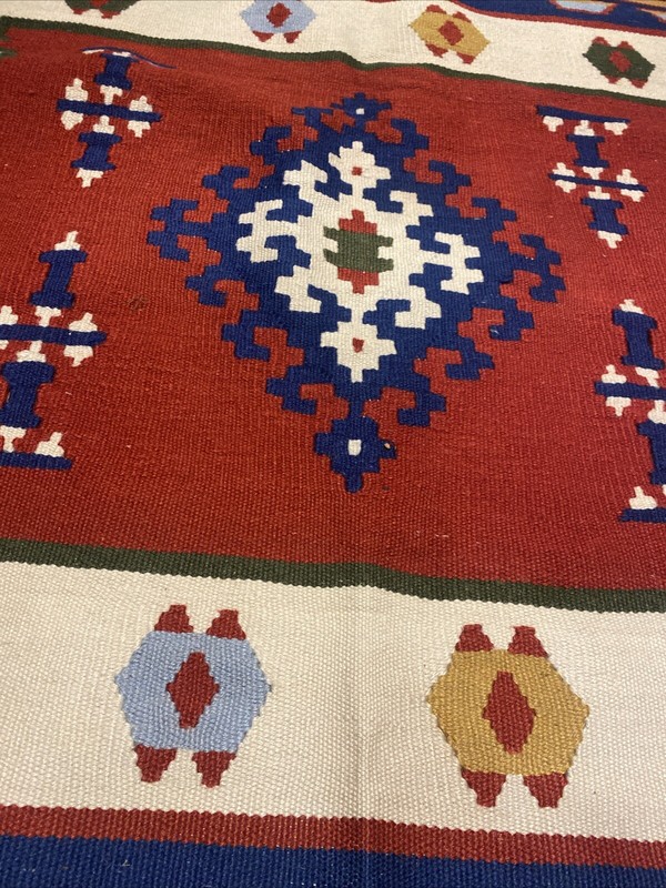 Turkish Kilim Rug Authentic Flat weave Wool Vintage Blue Red 93 Cm x 201 Cm gallery