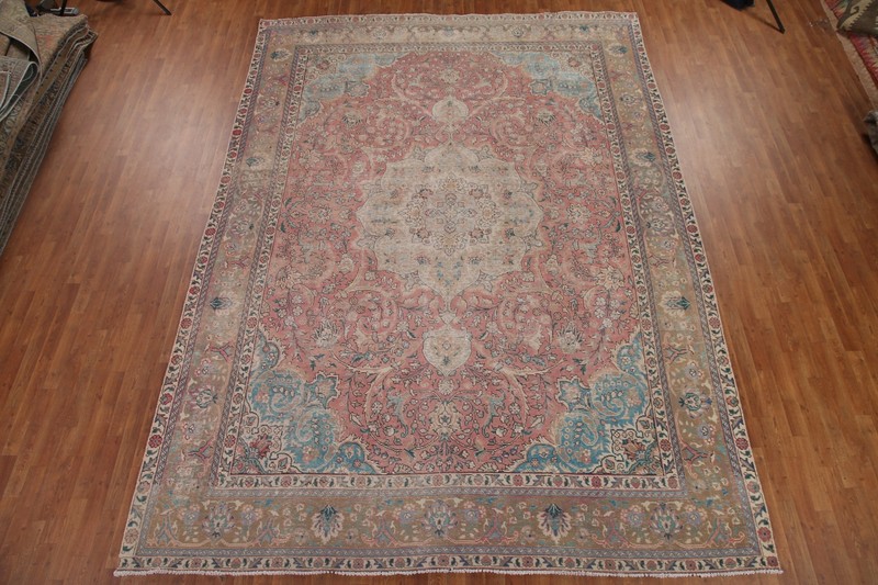 Semi-Antique Muted Pink Handmade Floral Tebriz Handmade Room Size Area Rug 10x13 gallery