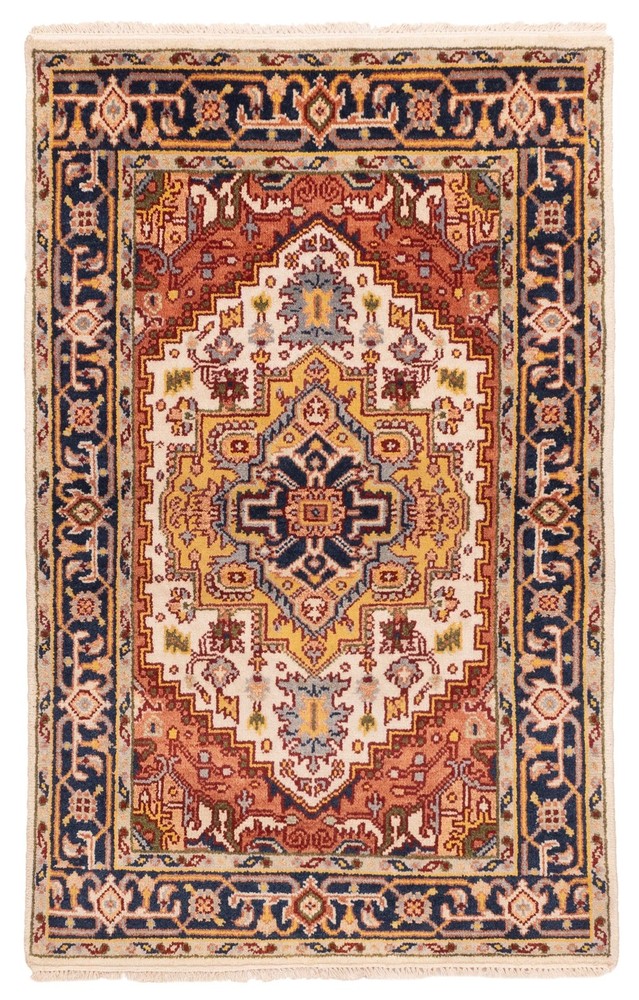 Vintage Geometric Area Rug 3'9" x 5'10" Traditional Hand-Knotted Wool Carpet