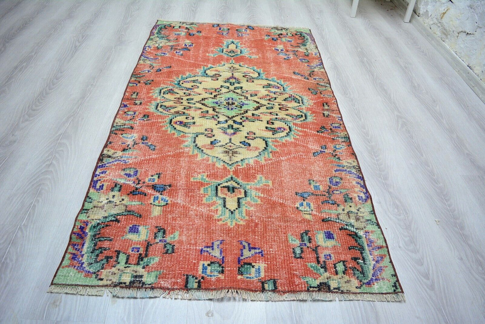 Red Turkish Vintage Rug, 3x5.7ft, Antique Red Faded Medallion Handmade Rug,