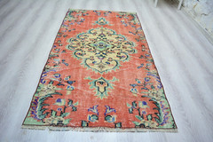 Red Turkish Vintage Rug, 3×5.7ft, Antique Red Faded Medallion Handmade Rug,