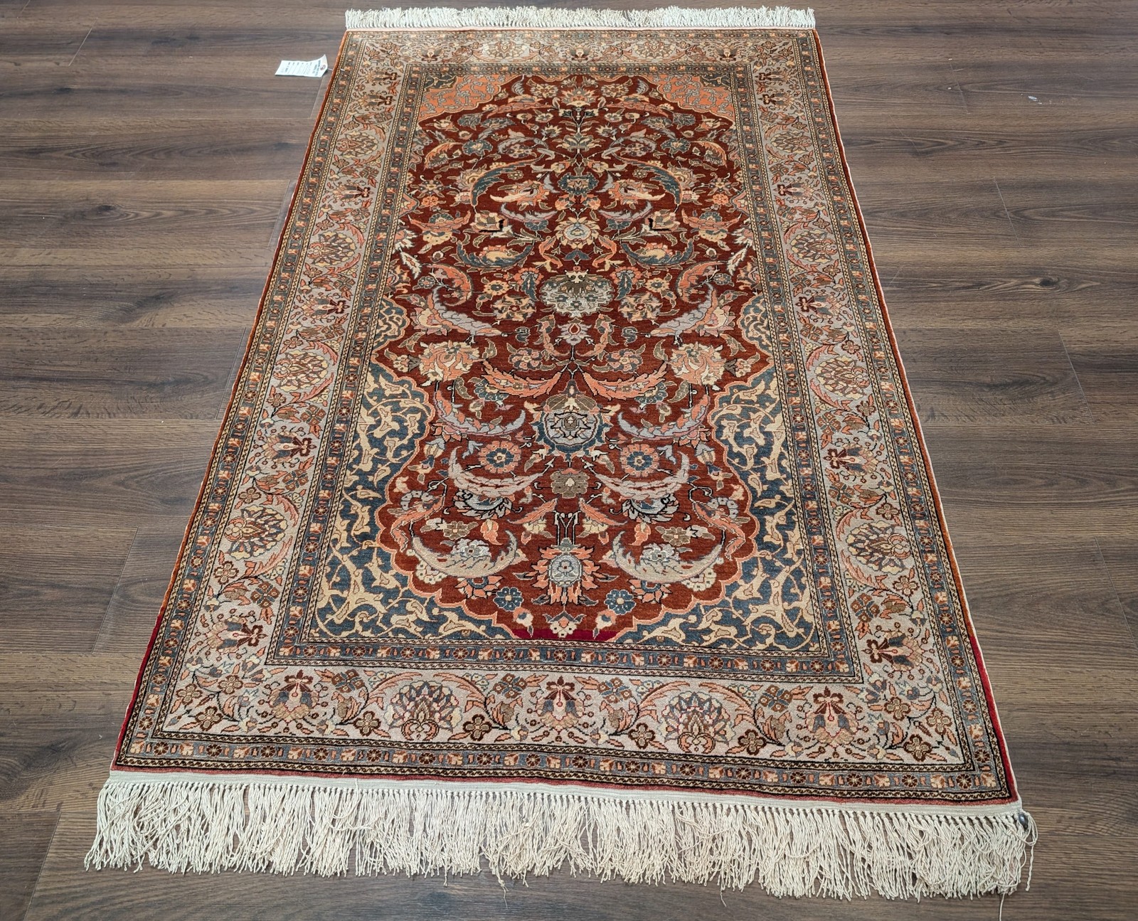 Turkish Hereke Rug 3x5, Fine Hand-Knotted Silk Carpet, Rust Red & Green gallery